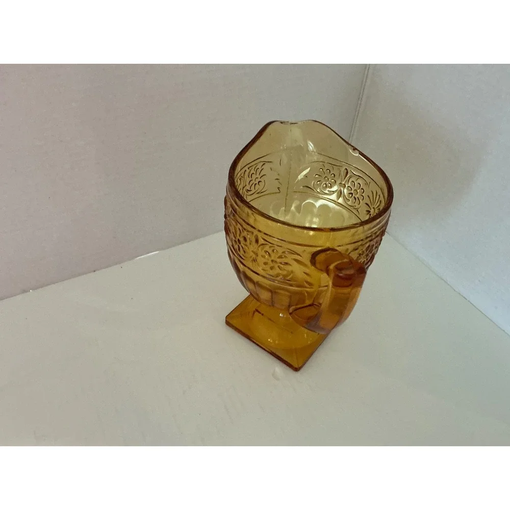 Tiara Vintage Amber Glass Creamer Sandwich Pattern Floral Square Base Small